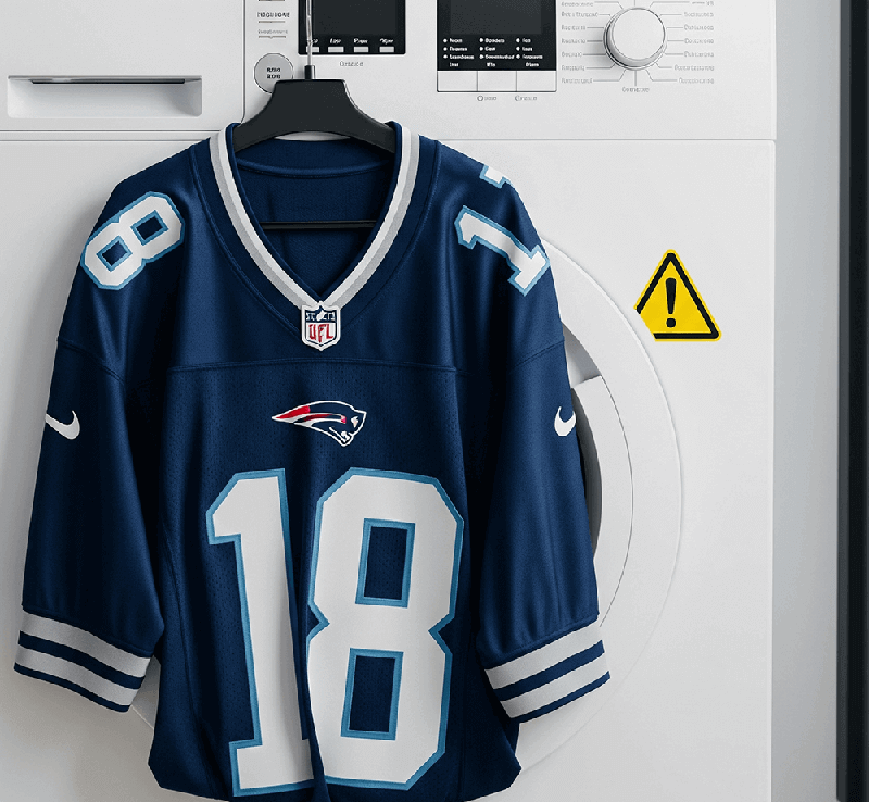 A jersey next to a washing machine with a warning symbol