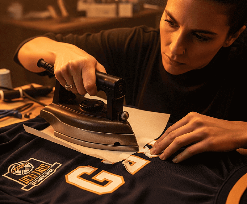A person carefully using an iron and parchment paper to fix a peeling jersey letter