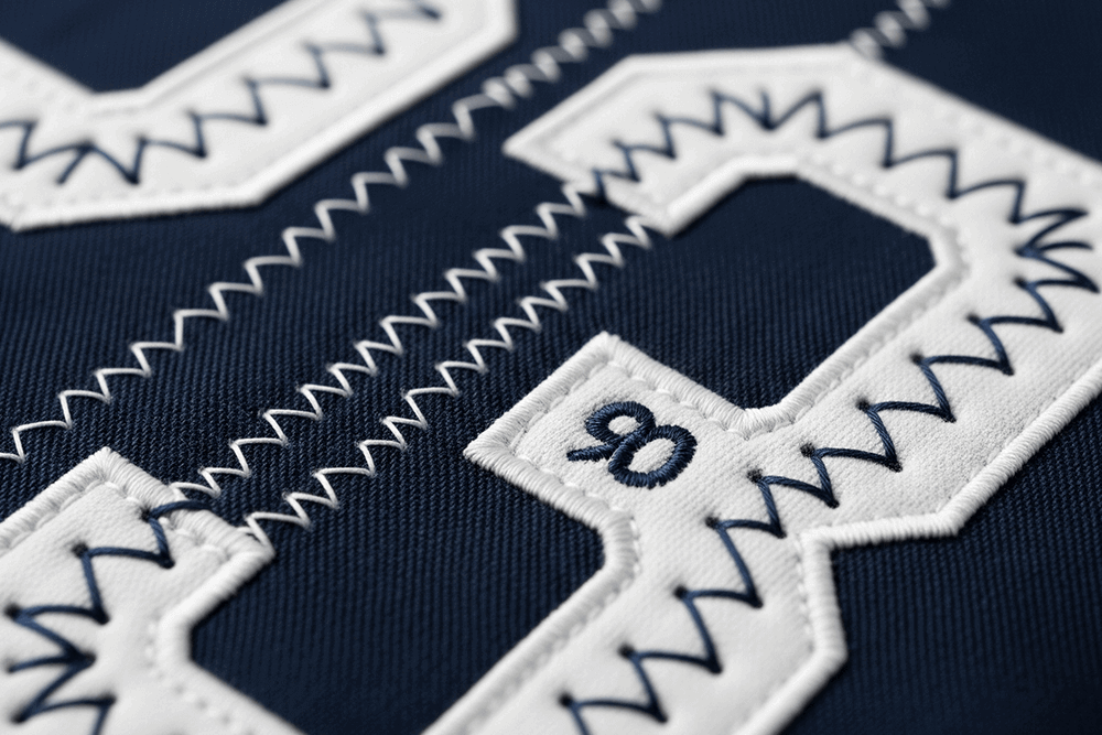 A close-up of high-quality zigzag stitching on a professional twill jersey number