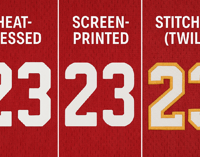 A composite image showing the three types of jersey lettering side-by-side