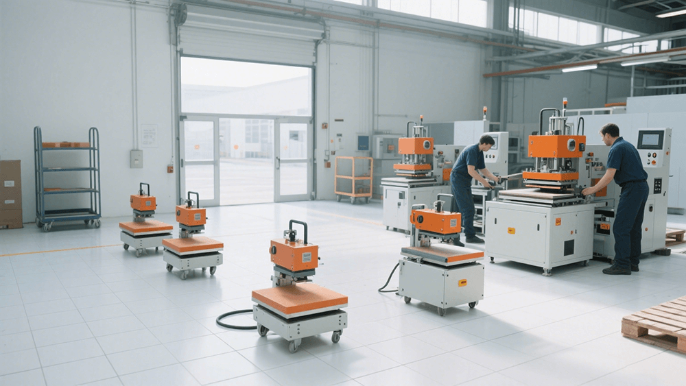 A clean factory floor with industrial heat press machines